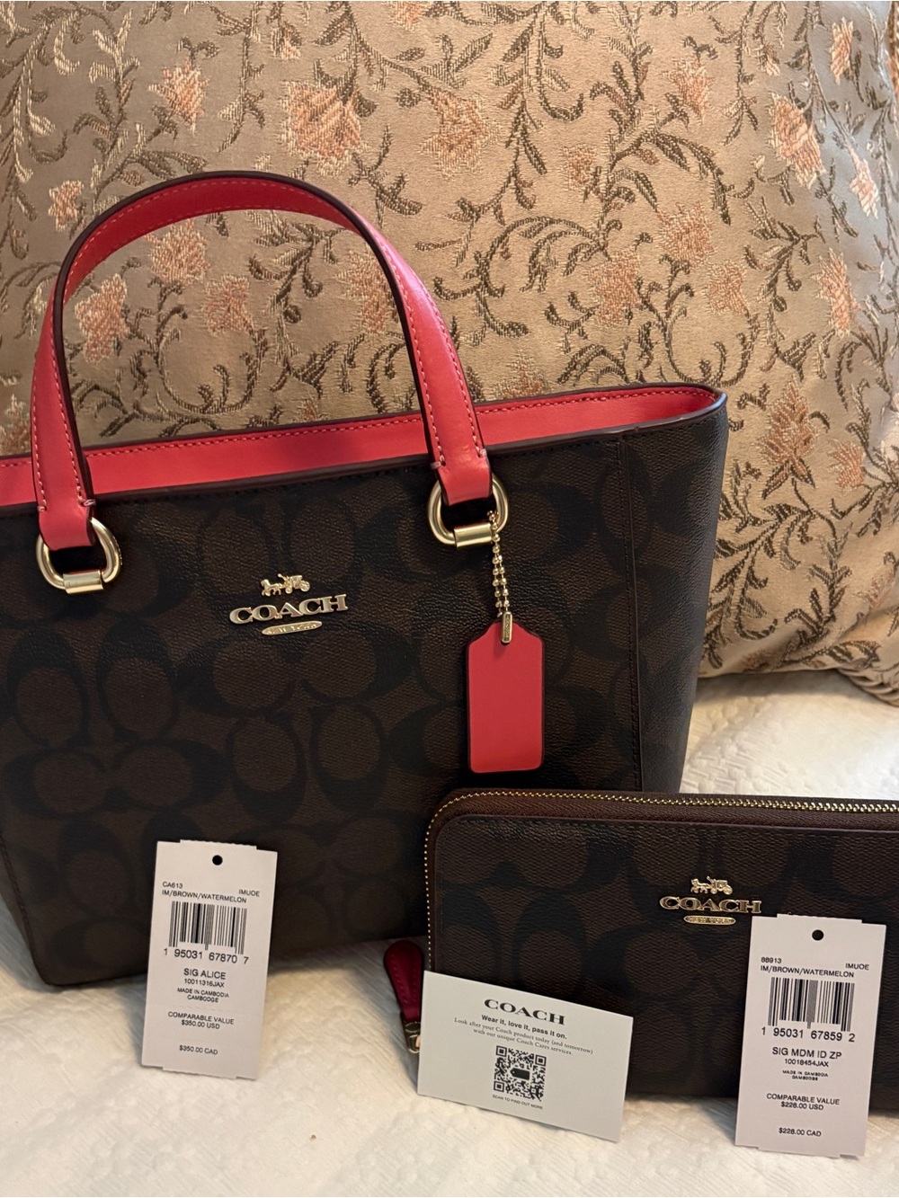 Coach Brown Signature Alice Tote with Brown/Watermelon Pink Trim and Wallet set - Picture 7 of 11